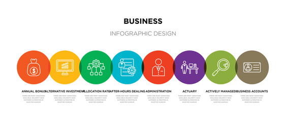8 colorful business outline icons set such as business accounts, actively managed funds, actuary, administration, after-hours dealing, allocation rate, alternative investment market, annual bonus