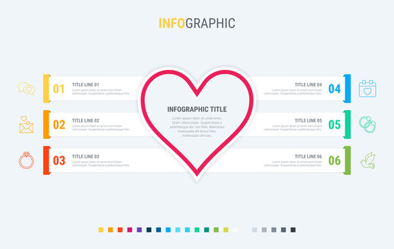 Infographic template. Love is in the air. 6 steps hearted design with beautiful colors. Vector timeline elements for presentations.