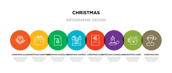 8 colorful christmas outline icons set such as christmas boy, christmas cabin, candelabra, card, chimney, chocolate, bag, clock