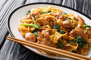 Pad See Ew thai noodles with chicken, chinese broccoli and egg close-up on a plate. horizontal