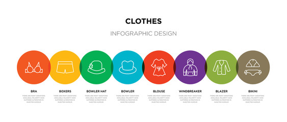8 colorful clothes outline icons set such as bikini, blazer, windbreaker, blouse, bowler, bowler hat, boxers, bra