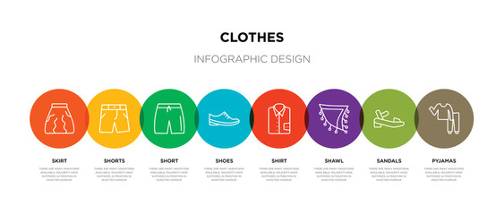 8 colorful clothes outline icons set such as pyjamas, sandals, shawl, shirt, shoes, short, shorts, skirt