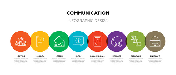 8 colorful communication outline icons set such as envelope, feedback, headset, incoming call, info, letter, mailbox, meeting