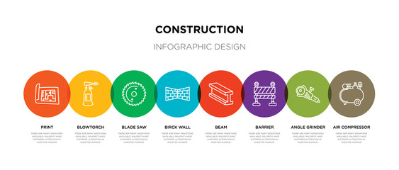 8 colorful construction outline icons set such as air compressor, angle grinder, barrier, beam, birck wall, blade saw, blowtorch, print