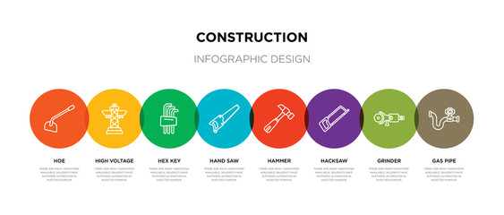 8 colorful construction outline icons set such as gas pipe, grinder, hacksaw, hammer, hand saw, hex key, high voltage, hoe