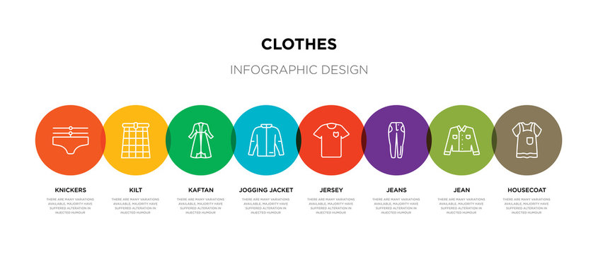 8 colorful clothes outline icons set such as housecoat, jean, jeans, jersey, jogging jacket, kaftan, kilt, knickers