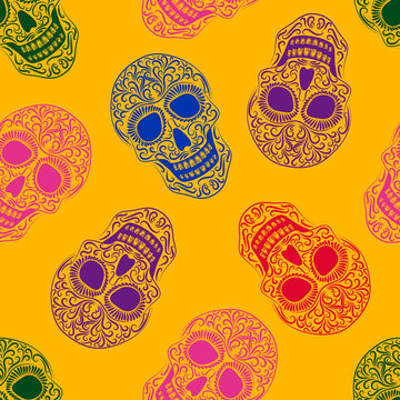 Skull from the line ornament vector seamless pattern. Stylized skull seamless texture. halloween. Day of the Dead holiday. Mexico.