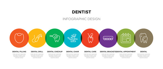 8 colorful dentist outline icons set such as dental, dental appointment, dental brackets, care, chair, checkup, drill, filling