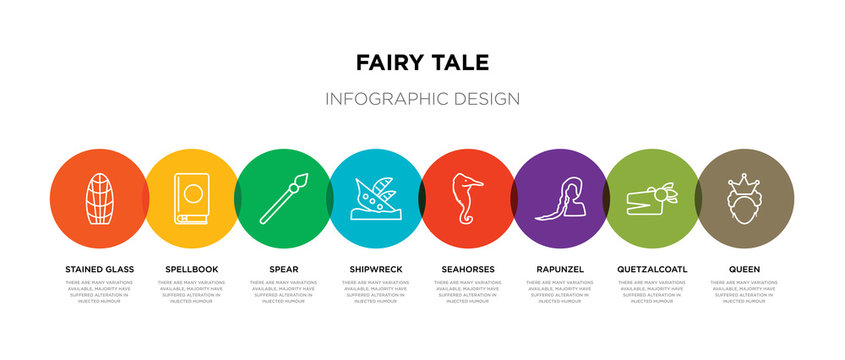 8 colorful fairy tale outline icons set such as queen, quetzalcoatl, rapunzel, seahorses, shipwreck, spear, spellbook, stained glass