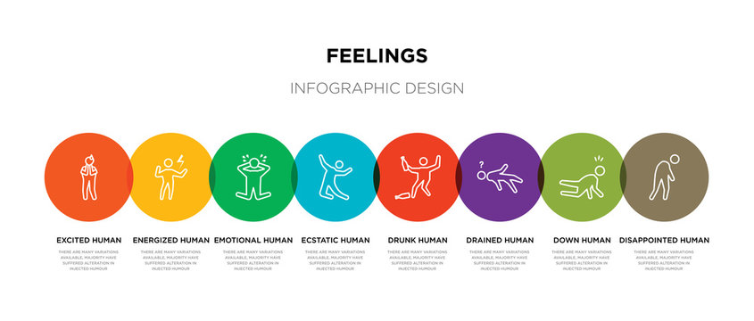 8 Colorful Feelings Outline Icons Set Such As Disappointed Human, Down Human, Drained Human, Drunk Ecstatic Emotional Energized Excited