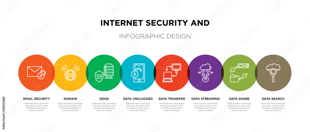 Poster 8 colorful internet security and outline icons set such as data search, data share, data streaming, 