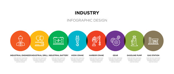 8 colorful industry outline icons set such as gas station, gasoline pump, gear, harbor crane, hook crane, industrial battery, industrial drill, industrial engineer