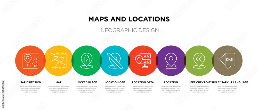 Aufkleber 8 colorful maps and locations outline icons set such as keyhole?markup language, left chevron, locat
