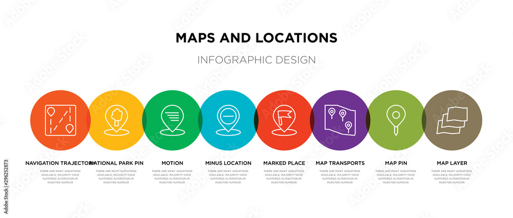 Poster 8 colorful maps and locations outline icons set such as map layer, map pin, map transports, marked p