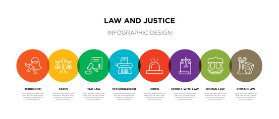 8 colorful law and justice outline icons set such as roman law, roman law, scroll with siren, stenographer, tax taxes, terrorism