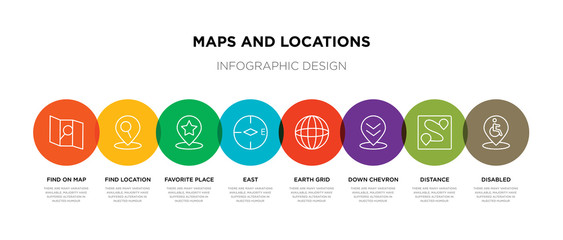 8 colorful maps and locations outline icons set such as disabled, distance, down chevron, earth grid, east, favorite place, find location, find on map
