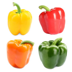 Set of fresh ripe bell peppers on white background