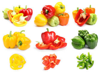 Set of fresh ripe bell peppers on white background