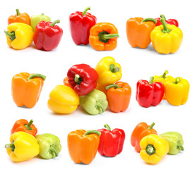 Fresh ripe bell peppers on white background, top view