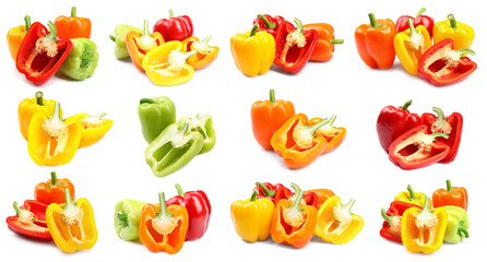Rings of ripe bell peppers on white background