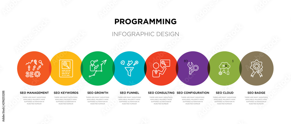 Aufkleber 8 colorful programming outline icons set such as seo badge, seo cloud, seo configuration, consulting