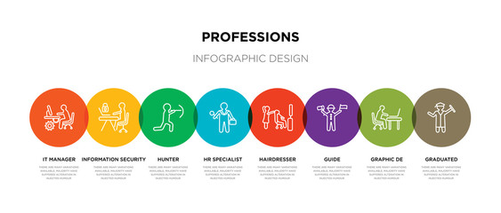 8 colorful professions outline icons set such as graduated, graphic de, guide, hairdresser, hr specialist, hunter, information security analyst, it manager