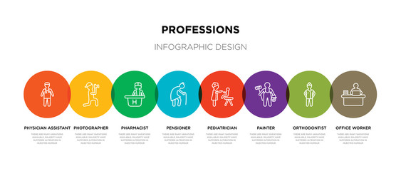 8 colorful professions outline icons set such as office worker, orthodontist, painter, pediatrician, pensioner, pharmacist, photographer, physician assistant