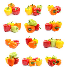 Set of fresh ripe bell peppers on white background