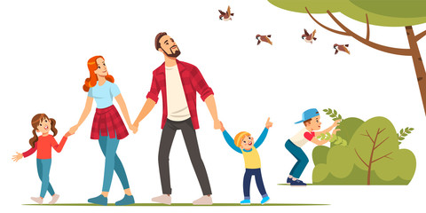 Happy family and hiking. Father, mother and children are traveling through in the forest. Trekking to nature. Vector illustration in cartoon style. © Bahauaddinbek