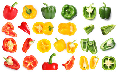 Rings of ripe bell peppers on white background