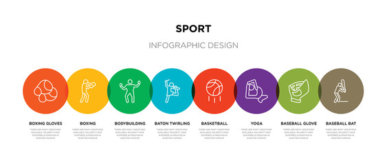 8 colorful sport outline icons set such as baseball bat, baseball glove, yoga, basketball, baton twirling, bodybuilding, boxing, boxing gloves