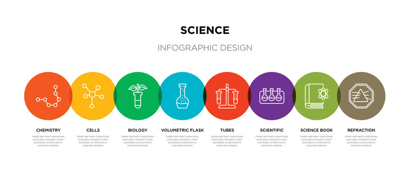 8 Colorful Science Outline Icons Set Such As Refraction, Science Book, Scientific, Tubes, Volumetric Flask, Biology, Cells, Chemistry