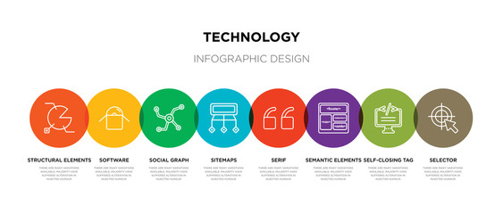 8 colorful technology outline icons set such as selector, self-closing tag, semantic elements, serif, sitemaps, social graph, software, structural elements