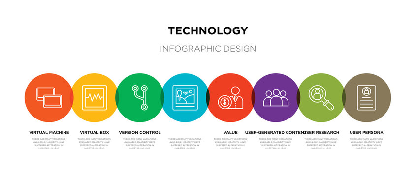 8 colorful technology outline icons set such as user persona, user research, user-generated content, value,  , version control, virtual box, virtual machine