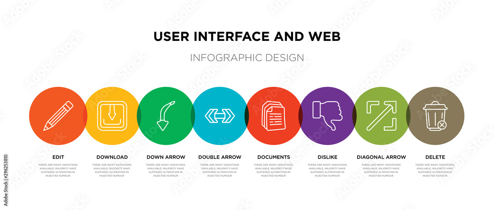 Poster 8 colorful user interface and web outline icons set such as delete, diagonal arrow, dislike, documen