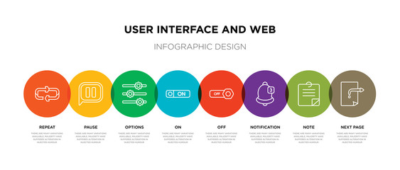 8 colorful user interface and web outline icons set such as next page, note, notification, off, on, options, pause, repeat
