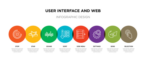 8 colorful user interface and web outline icons set such as selection, send, settings, side menu, sort, sound, star, stop