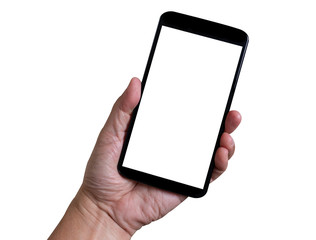 Isolated hand holding smartphone with white screen on white background.	