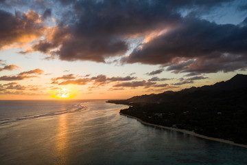 Dramatic sunset over the Rarotonga island, part of the Cooks island.