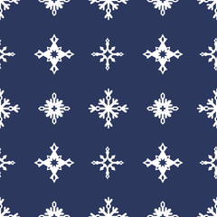 Winter geometric seamless pattern with white snowflakes on dark blue background. Vector illustration.