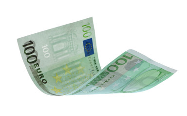 Flying one hundred Euro banknote isolated on white