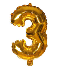 Golden number three balloon on white background