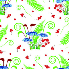 vector illustration. Magical blue mushroom, moss, fern and curvy grass bouquet bunch on white background with berries. best for textiles, decor, apparels and packaging.