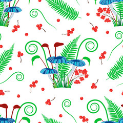 raster illustration. Magical blue mushroom, moss, fern and curvy grass bouquet bunch on white background with berries. best for textiles, decor, apparels and packaging.