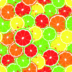 Obraz premium vector illustration. colorful vibrant citrus fruits slices with splash seamless repeat pattern. best for packaging, paper goods, apparels and other textiles.