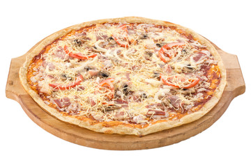 whole pizza with mushrooms, ham and cheese on wooden board isolated on a white background