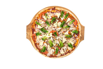 whole vegetarian pizza with Broccoli, Tomatoes and Mozzarella on wooden board isolated on white background