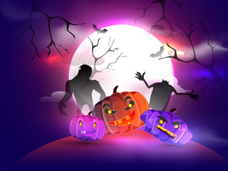 Full moon night background with spooky jack-o-lanterns and monsters for Halloween Night. Can be used as poster or banner design.