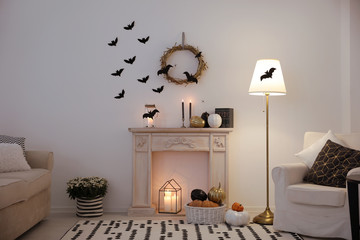 Modern room decorated for Halloween. Idea for festive interior