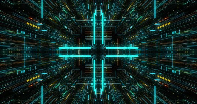 AI artificial intelligence and ML machine learning abstract concept, CPU GPU computing core with information streams. Data deep learning computer machine. Seamless loop, 3D render
